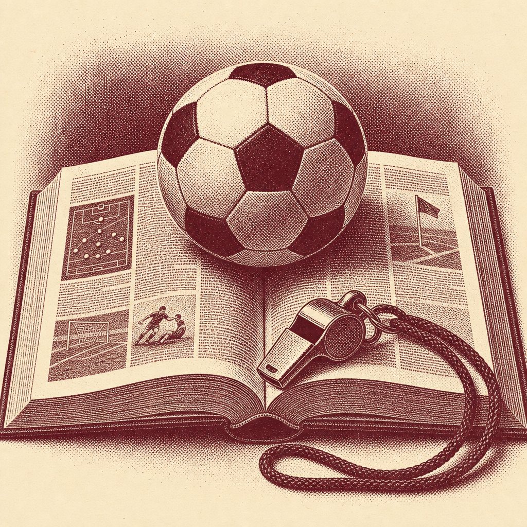 Aufgeschlagenes Buch mit Fußball und Schiedsrichterpfeife – Symbol für ein Wett-Lexikon
