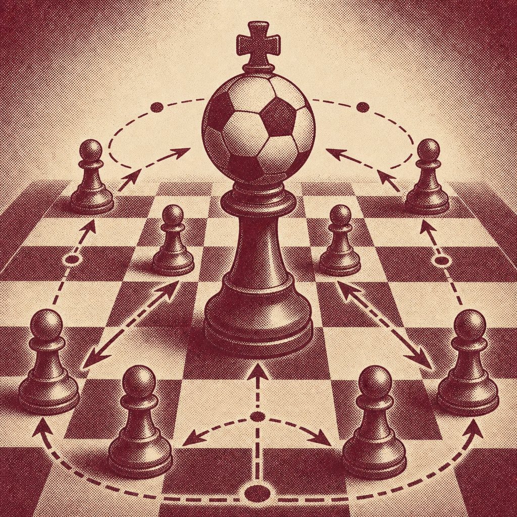 Schachbrett mit Fußball als König und Taktikpfeilen – Symbol für eine systematische Wett-Strategie