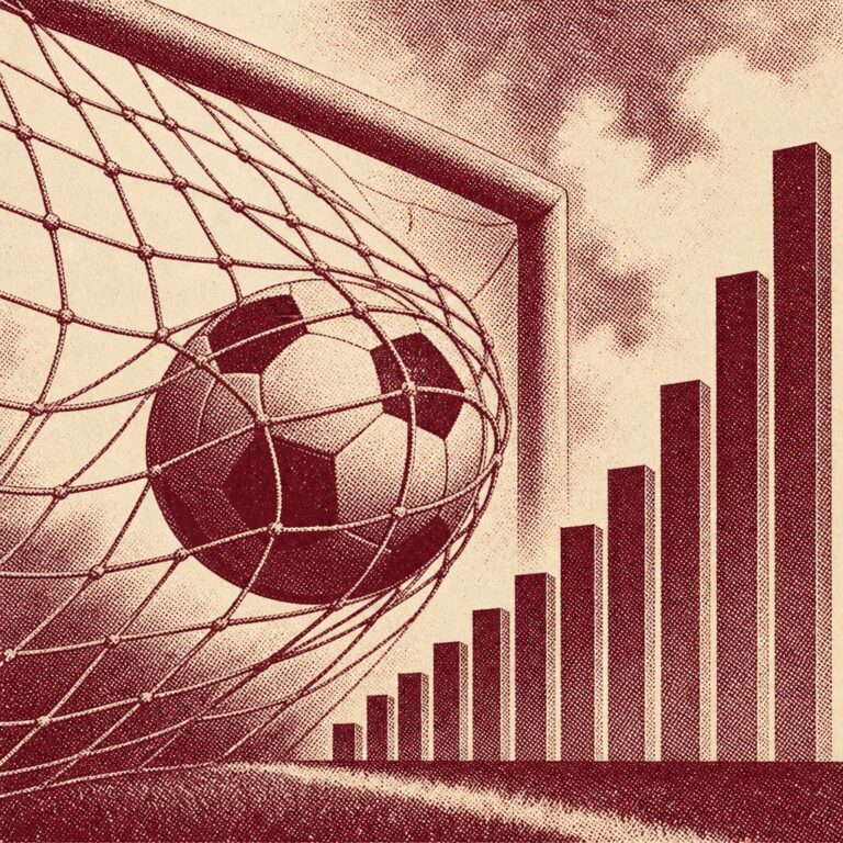 Fußball im Tornetz neben einem ansteigenden Balkendiagramm – Symbol für Tor-Statistik