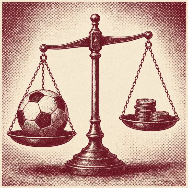 Waage, die einen Fußball gegen einen Münzstapel abwägt – Symbol für Value und Quoten