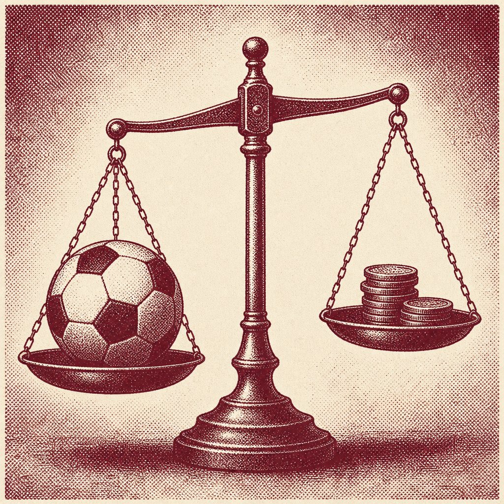 Waage, die einen Fußball gegen einen Münzstapel abwägt – Symbol für Value und Quoten