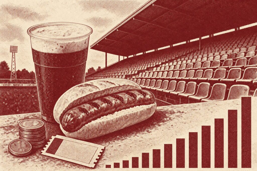 Bierbecher, Bratwurst im Brötchen, Münzen und ein Ticket vor einer Stadiontribüne im Duotone-Stil
